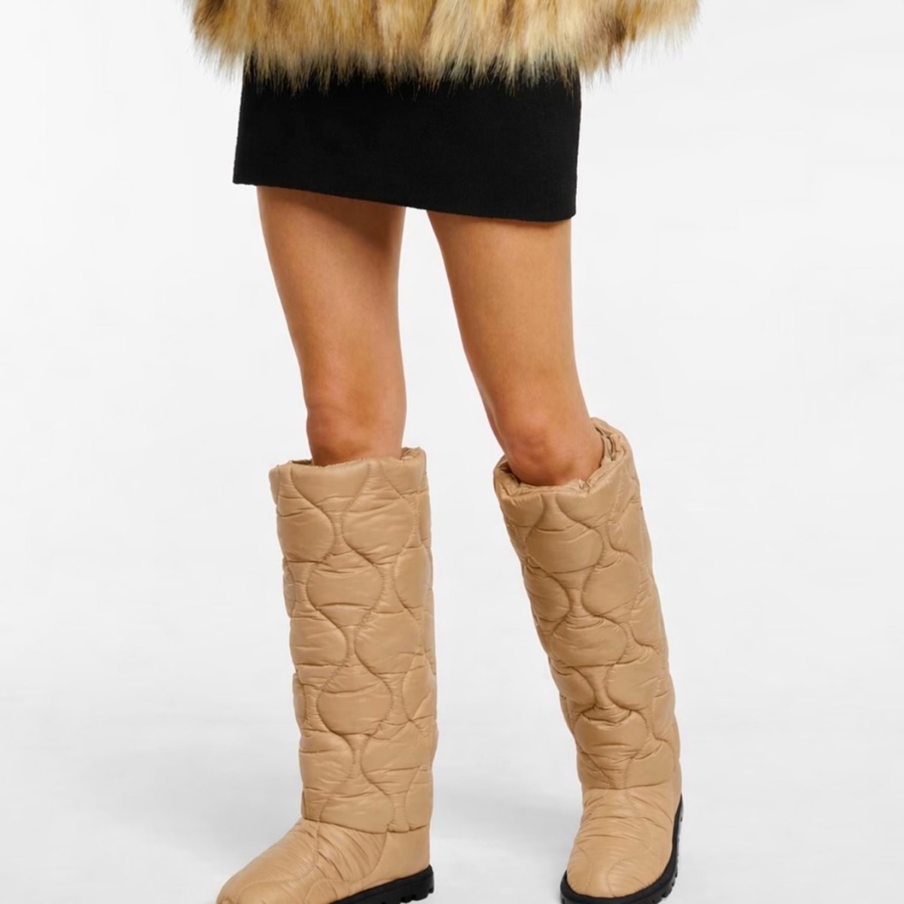 Miu Miu Logo Quilted Padded Nylon Tall Boots Beige New